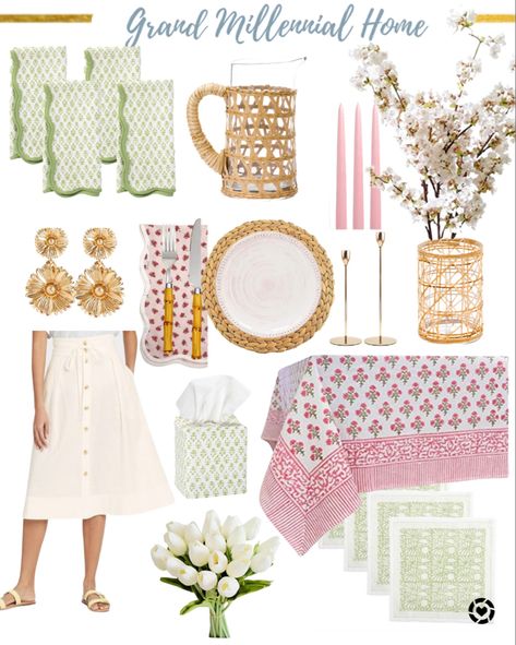 Grand Millennial Tablescape, Block Print Tablescape, Block Print Table Cloth, Pink And Green Tablescapes, Preppy Tablescape, Spring Table Scape, Green Table Scape, Pink And Green Table Setting, Beach Table Settings