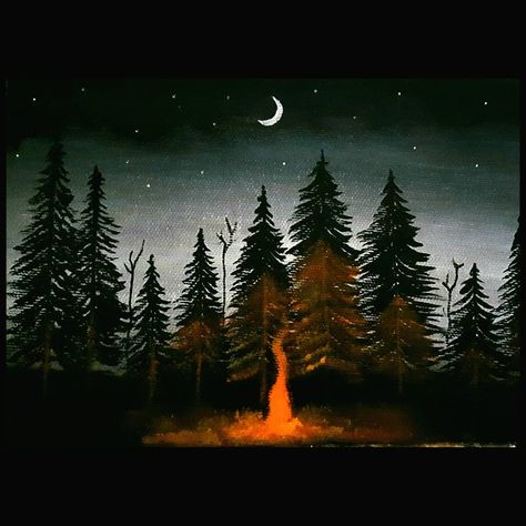 Night, forest, camping, aesthetic, acrylic painting Night Trees Painting, Forest Silhouette Painting, Woods At Night Painting, Camping Scene Painting, Haunted Forest Painting, Camp Fire Paintings, Campfire Painting Acrylic, Dark Forest Painting Acrylic Easy, Forest At Night Painting