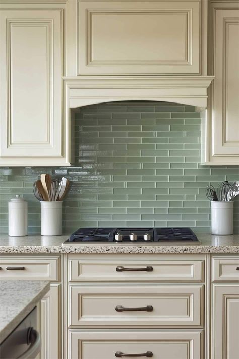 Sage Green Kitchen Inspiration (59 Trendy Design Ideas) Jade Backsplash Kitchen, Sage Green Backsplash Kitchen, Green Subway Tile Kitchen, Green Tile Kitchen Backsplash, Sage Green Backsplash, Green Backsplash Kitchen, Green Kitchen Cabinets Ideas, Sage Green Tiles, Sage Green Tile