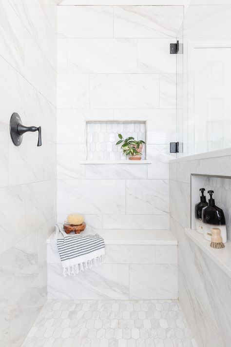 This master bath project was such a joy to work on! We brought in cool blues with warm wood tones to create a calm and restful space for this hard working family. Marble Shower Bathroom Ideas, Shower Layout Ideas, Bathroom Showers, Coastal Shower Tile Ideas, Master Bathrooms With Walk In Showers, Traditional Bathroom Tile, Large Tile Bathroom, Large Shower Tile, White Tile Shower