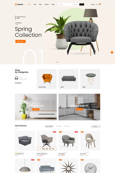 Davici is a WooCommerce WordPress theme specifically designed for furniture stores and interior design businesses. It offers a range of features and functionalities to showcase and sell furniture products effectively. Furniture Web Design Website Template, Website Shopping Design, Ecommerce Store Design, Website Catalog Design, Furniture Ecommerce Web Design, Website Store Design, Furniture Website Design Inspiration, Woocommerce Website Design, Product Design Website