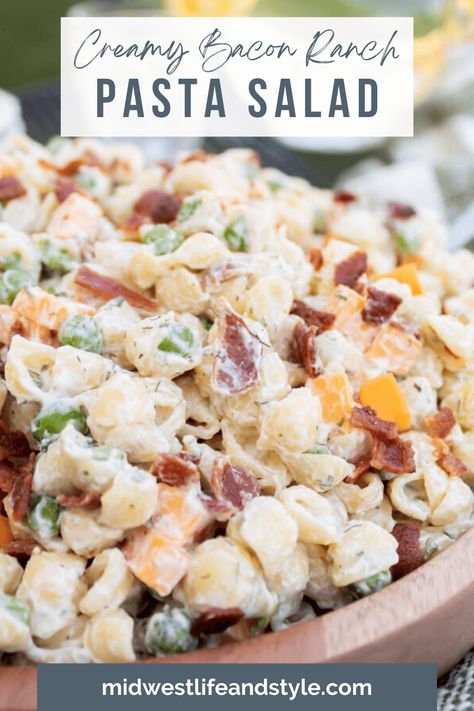 Creamy Bacon Ranch Pasta Salad - Midwest Life and Style Blog Chicken Bacon Ranch Pasta Salad, Bacon Pasta Salad, Bacon Ranch Pasta, Bacon Ranch Pasta Salad, Creamy Pasta Salads, Keto Sides, Creamy Ranch Dressing, July Desserts, Creamy Ranch