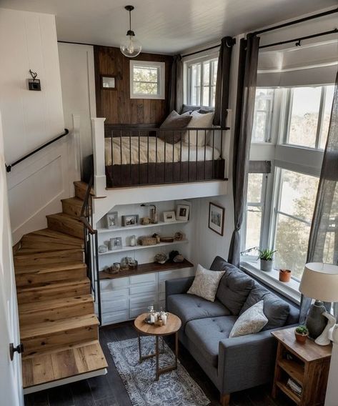 Shed Tiny Home, Tiny House Living Room, Tiny Living Space, Tiny House Stairs, Small Tiny House, Shed To Tiny House, Tiny House Nation, Tiny House Loft, Tiny House Layout