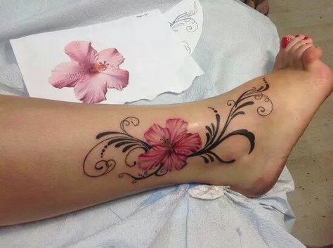 Guam Tattoo, Pink Flower Tattoos, Hawaiian Flower Tattoos, Hibiscus Tattoo, Tato Henna, Ankle Tattoos For Women, Ankle Tattoos, Tattoo Trend, Foot Tattoos For Women