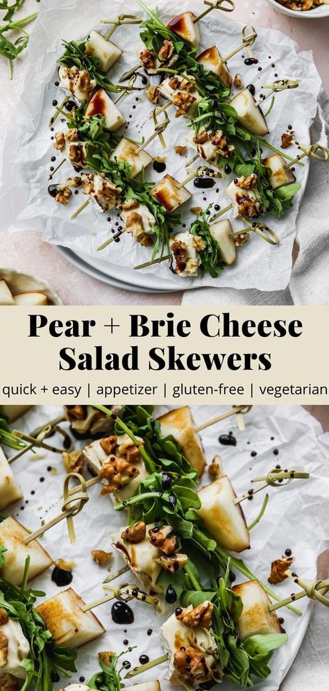 These pear and brie cheese salad skewers are made with arugula, walnuts, and a drizzle of balsamic glaze. They’re such a quick + easy, sweet + savoury party appetizer idea that your guests will love! Pear And Brie, Chocolate Appetizers, Pear Brie, Salad Skewers, Wine Appetizers, Homemade Jerky, Sweet Appetizer, Gourmet Appetizers, Skewer Appetizers