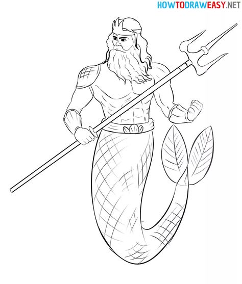 How to Draw Poseidon - How to Draw Easy Zeus Drawing Sketch, Zeus Drawing, Poseidon Drawing, Greek Drawing, Ancient Greece Art, Animal Stencil Art, God Drawing, Sea Drawing, Greek Mythology Gods