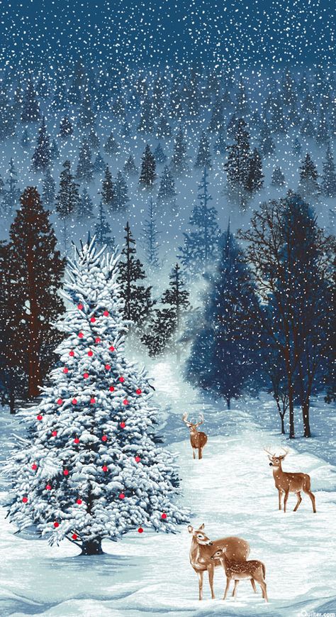 Merry Berry, Tree Scene, Christmas Scenery, Christmas Phone Wallpaper, Holiday Fabric, Novelty Fabric, Fabric Panel, Christmas Scenes, Winter Art