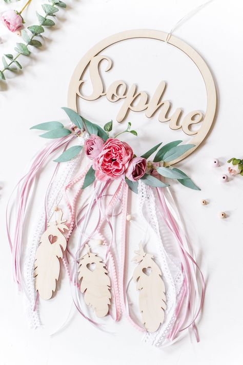 Dream Catcher With Name, Nursery Teepee, Lavender Nursery Decor, Floral Dream Catcher, Wooden Dream Catcher, Lavender Nursery, Wooden Feather, Purple Nursery, Dream Catcher Native American