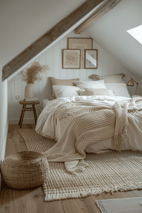 29 Attic Bedroom Ideas: Transform Your Space into a Cozy RETREAT Coastal Attic Bedroom, Farmhouse Loft Bedroom, Refinished Attic Space, Attic Style Bedroom Ideas, Vaulted Ceiling Beams Bedroom, Cathedral Bedroom Ceiling, Cosy Attic Bedroom, Attic Bedrooms Ideas, Bedroom With Sloped Ceiling