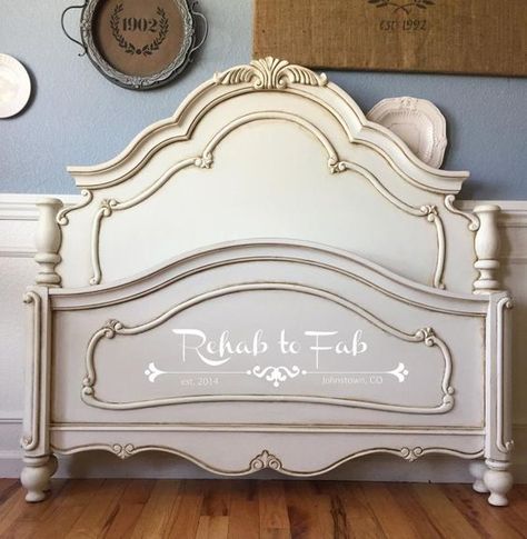 General Finishes Antique White Milk paint. Antiqued by using General Finishes Van Dyke brown glaze & sealed with their Flat Out Flat." Painted Bed Frames, Ornate Bed, Bed Makeover, French Style Bed, Painting Wooden Furniture, Painted Beds, White Furniture Living Room, White Bed Frame, Antique Beds