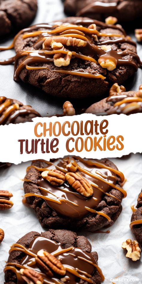 Chocolate Turtle Cookies - Chasety Turtle Chocolate Chip Cookies, Chocolate Turtle Cookies, Chocolate Turtle Cookies Recipe, Cookies Homemade, Decadent Cookies, Different Cookie Flavors, Boozy Cookies, Homemade Chocolate Turtles, Gourmet Cookie Recipes