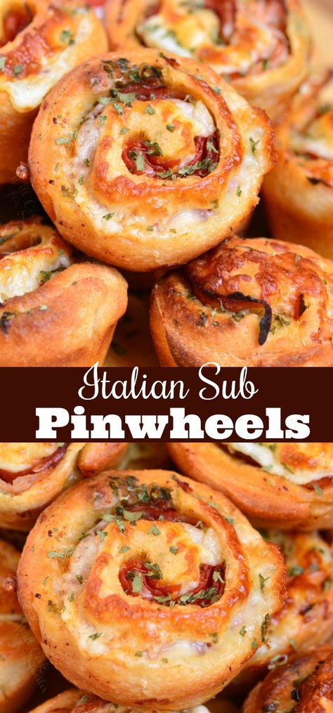 Italian Sub Pinwheels. These pinwheels are easily made in 30 minutes with ham, salami, pepperoni, herbs, and mozzarella cheese all rolled into pizza dough and baked to golden perfection. #appetizer #pinwheels #rollups #ham #salami #italiansub Pinwheel Appetizer, Will Cook For Smiles, Cheese All, Pinwheel Appetizers, Italian Sub, Pinwheel Recipes, Italian Appetizers, Finger Food Appetizers, Pizza Dough