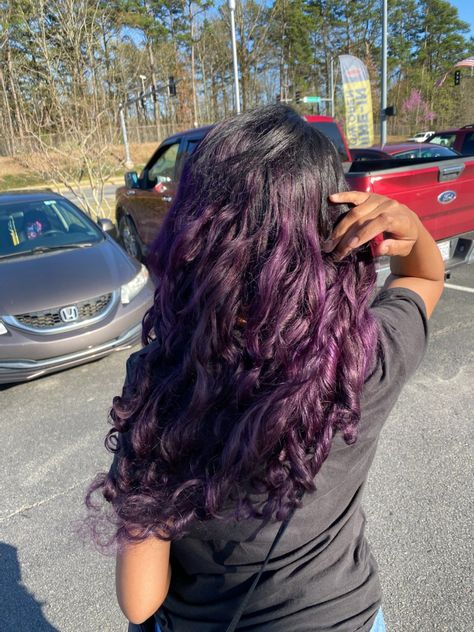 Purple Underneath Hair Curly, Curly Hair Dyed Underneath Purple, Purple Underdye Hair Curly, Curly Hair With Purple Tips, Curly Dyed Hair Purple, Purple Wavy Hair, Plum Purple Curly Hair, Purple Curly Hair, Purple Underneath Hair