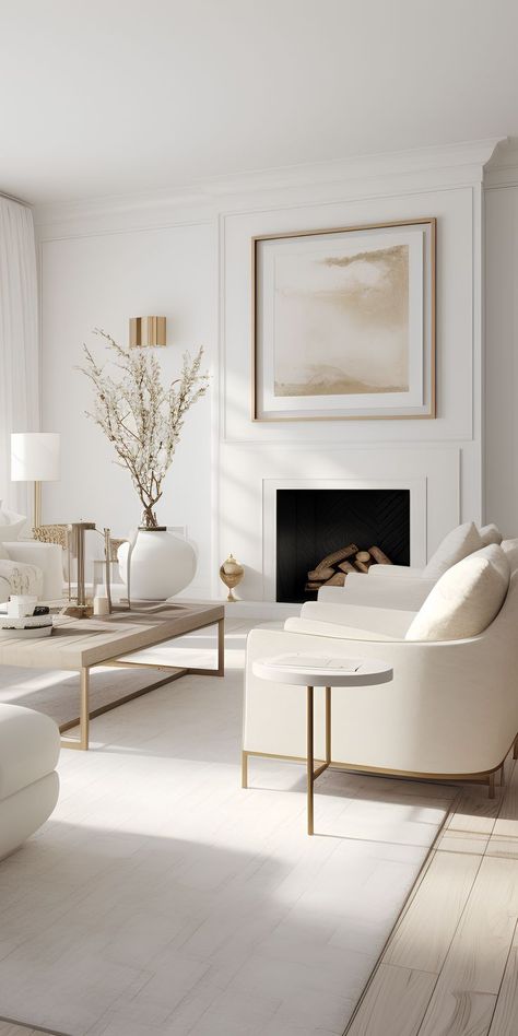 Step into the timeless elegance of a white living room, where the purity of design and a sense of openness converge to create a space that is both classic and versatile. The color white serves as the primary palette, imparting a bright and airy ambiance that effortlessly expands the visual space. | Discover more inspirations at caffelattehome.com Interior Design White Living Room, Ivory White Living Room, Neutral Style Living Room, All Cream Living Room, Beige White Gold Living Room, Neutral Modern Decor, Ivory Walls Living Room, Ivory Sofa Living Room, White And Gold Interior Design