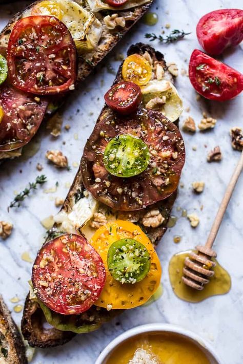 Buttered Brie and Heirloom Tomato Toast | HBH Toast With Honey, Tomato Toast, Easy French Toast Recipe, Fingerfood Party, Breakfast And Brunch, Heirloom Tomato, Half Baked, Half Baked Harvest, Heirloom Tomatoes