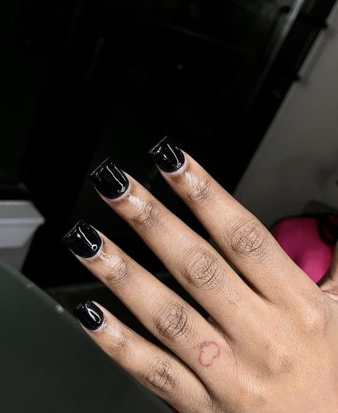 Black Cute Short Nails, Short All Black Nails, Black Nails Painted, Short Acrylic Nails Black French Tip, Short Black Nails With Charms, Black Basic Nails, All Black Short Nails, Short French Tip Acrylic Nails Black, Black Short Nails Acrylic