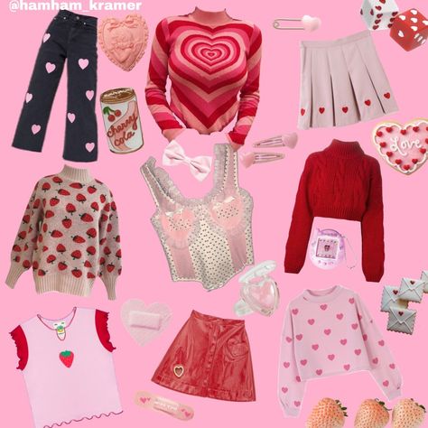 Valentines Day Themed Outfit, Love Core Aesthetic Outfits, Lovecore Outfits, Lovecore Aesthetic Outfit, 21 Birthday Outfit, Lovecore Fashion, Strawberry Shortcake Outfits, Strawberry Outfit, Bright Fashion