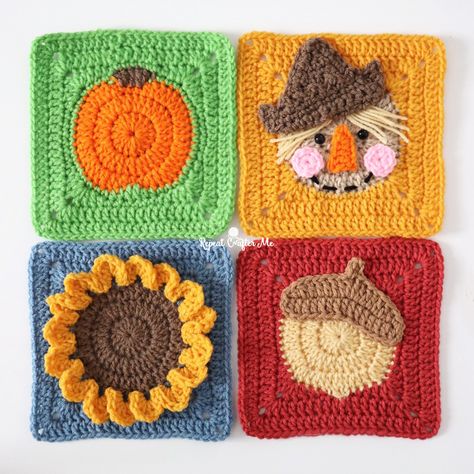 Fall Themed Crochet, Sarah Zimmerman, Crochet Acorn, Beginner Quilt Patterns Free, Pumpkin Squares, Thanksgiving Crochet, Repeat Crafter Me, Fall Crochet, Fall Crochet Patterns