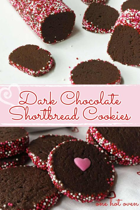 Bake something sweet for your Valentine with these Deep Dark Chocolate Slice and Bake Cookies. These easy to make shortbread cookies are so festive covered in pink, white and red sprinkles. Slice And Bake Valentine Cookies, Homemade Valentine Chocolates, Chocolate Valentine Cookies, Dark Chocolate Shortbread Cookies, Chocolate Slice And Bake Cookies, Chocolate Cookies With Sprinkles, Valentines Bakery Treats, Slice And Bake Shortbread Cookies, Slice And Bake Cookies Christmas