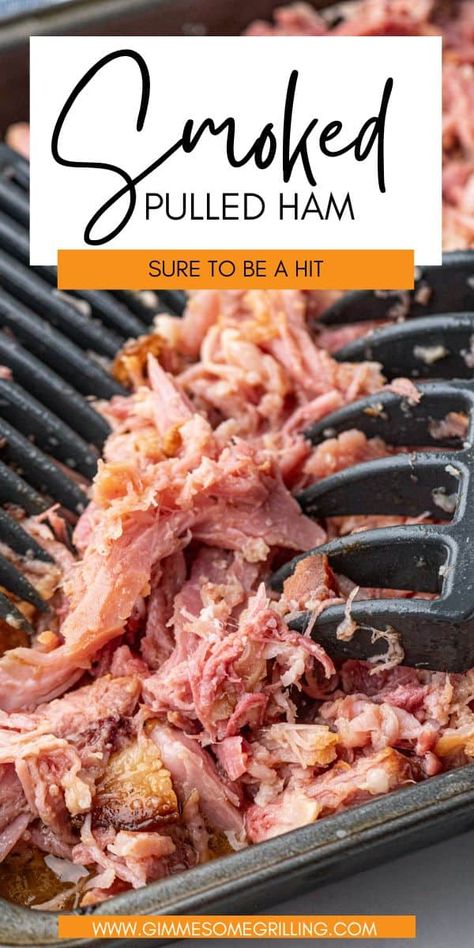 Looking for a delicious and flavorful way to prepare ham? Try this smoked pulled ham recipe that's sure to be a hit at your next gathering or family dinner! Full of flavor from a delicious rub, then slow cooked on your smoker so it's fall-apart tender. Smoked Pulled Ham, Pulled Ham, Smoked Ham Recipe, Smoked Pork Recipes, Smoker Cooking, Smoked Pulled Pork, Ham Recipe, Pellet Grill Recipes, Traeger Recipes