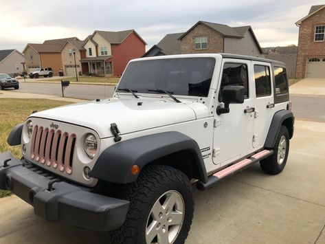 Pink grill and accents on Jeep Wrangler White Jeep Pink Accents, White Jeep Wrangler With Pink Accents, White Jeep With Pink Accents, Jeep Wrangler Girly, Jeep Wrangler Colors, Car Necessities, Pink Jeep Wrangler, White Jeep Wrangler, Pink Wheels