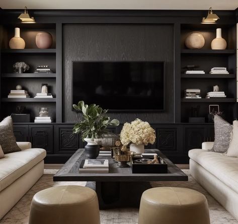 Farrow And Ball Media Wall, Wall Bump Out Ideas, Tv Statement Wall, Media Wall Styling, Traditional Media Wall, Panelled Tv Wall, Built In Tv Wall Unit With Fireplace, Moody Tv Room, Basement Tv Wall Ideas