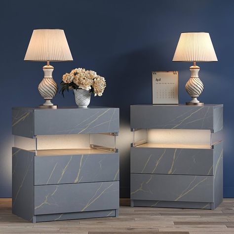 Amazon.com: Bingoday LED Nightstands Set of 2 LED Bedside Tables with 3 Drawers Modern Night Stand with Acrylic Board Night Stand Set 2 for Bedroom Living Room : Home & Kitchen Led Bedside Table, Tall Nightstands, Apartment Vibes, Nightstand Set Of 2, White Bedside Table, Led Light Design, Storing Books, Bedside Night Stands, Bedroom Essentials