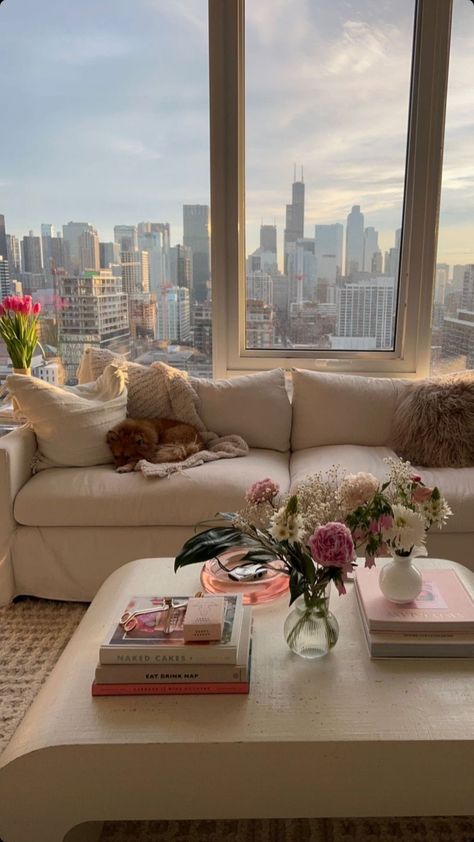 Boston Apartment Aesthetic Living Room, Cozy Apartment New York, Tv Show Apartments, Cozy Feminine Apartment, New York Apartment Aesthetic Kitchen, Girly Coffee Table, Chicago Aesthetic Apartment, Pink Apartment Inspiration, Modern Luxury Apartment Decor