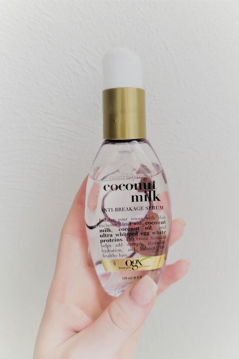 Coconut Milk Anti Breakage Serum Hair, Coconut Hair Perfume, Vanilla Hair Serum, Ogx Hair Serum, Coconut Milk For Hair, Ogx Hair Products, Skincare Products Photography, Coconut Hair, Hair Milk