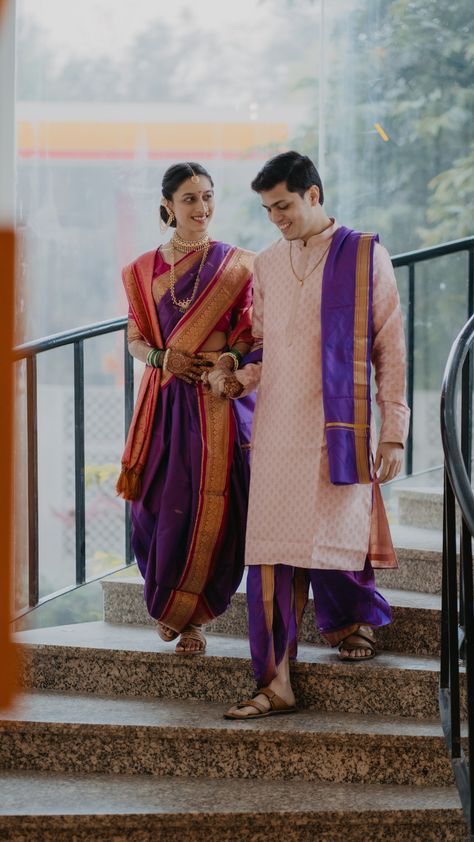 Maharashtrian couple's love and happiness shining through in a beautiful wedding portrait Maharashtrian Vidhi Look Couple, Groom Maharashtrian Wedding Outfits, Indian Wedding Outfits Couple, Saptapadi Look For Bride And Groom, Maharashtrian Wedding Couple Outfits, Peshwai Look For Wedding, Maharashtrian Groom Outfit, Maharashtrian Bride And Groom Outfits, Peshwai Look For Wedding Couple