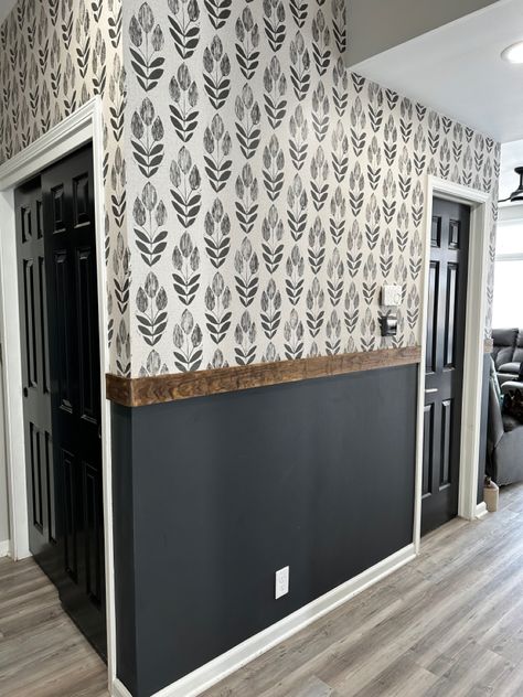 Top Half Wallpaper, Farm Accent Wall, Interior Design With Wallpaper, Wall With Half Wallpaper, Hallway Board And Batten With Wallpaper, Rustic Farmhouse Hallway Decor, Wallpaper On Walls, Upgrade Home, Dark Grey Accent Wall Office