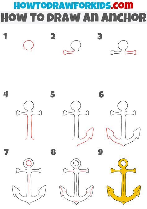 How To Draw An Anchor Step By Step, How To Draw Anchor, How To Draw An Anchor, Anchor Drawing Simple, Diy Anchor, Art Steps, Anchor Drawings, Anchor Crafts, Anchor Art