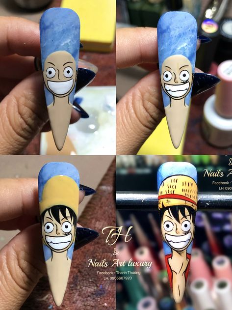 Anime Nail Art Tutorial, Luffy Nail Art, Uñas One Piece, Luffy Nails, One Piece Nails Anime, Nail Art One Piece, Character Nail Art Step By Step, One Piece Nail Art, One Piece Nails