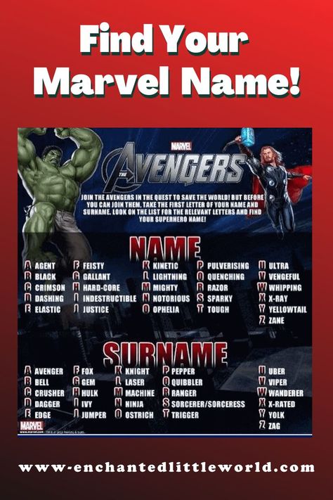 Find your supercharged Avengers name with this super kid-friendly Marvel Avengers Name generator! It’s a fun way to spread some super smiles! To use it, simply match the first letter of your first and last name For more kid-friendly super smiles, head over to our website Enchanted Little World. It's a daily dose of happiness! :) Avengers Name, Avengers Names, Marvel Names, Superhero Names, Name Ideas, Name Generator, Generators, X Ray, Marvel Avengers