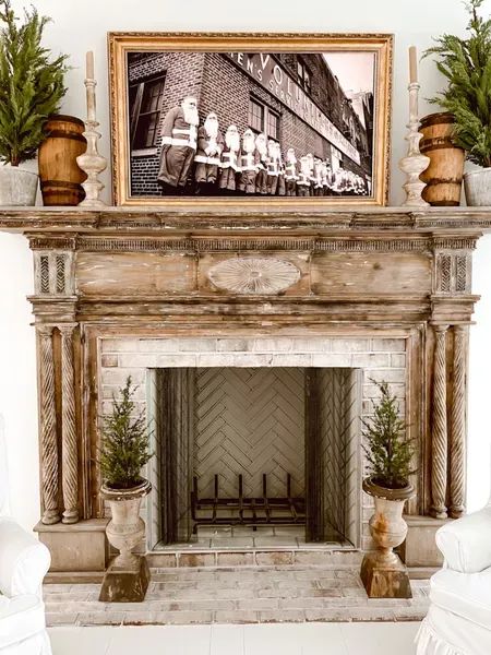 Clearance on these trees. I kept these out all year. Christmas, Christmas decor, fireplace mantel decor, mantel decor, old farmhouse, vintage home, vintage Christmas, home decor, winter decor, cozy winter home, cozy home, neutral home, Deb and Danelle #LTKhome #LTKsalealert #LTKHoliday Christmas Decor Fireplace Mantel, Antique Fireplace Decor, Vintage Fireplace Mantle, Christmas Decor Fireplace, French Country Fireplace, Cozy Winter Home, Winter Fireplace, French Country Interiors, Antique Fireplace Mantels