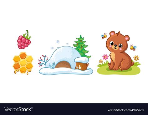 Set of cute bear character cave honey vector image Animals And Their Homes, Bear Cave, Bear Character, Activity Books, Wild Animal, Cute Bear, Cartoon Style, Favorite Food, Cute Bears