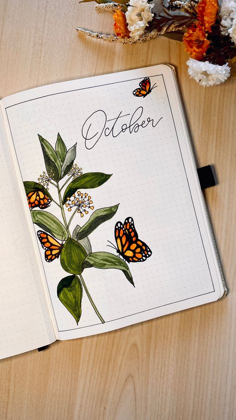 Minimalist Bujo Theme, Green Theme Journal Ideas, Orange Bullet Journal Theme, Green Bujo Ideas, October Bujo Theme Ideas, Bujo Ideas Page, Flower Cover Page, Bujo Beginning Pages, Floral Bullet Journal Theme