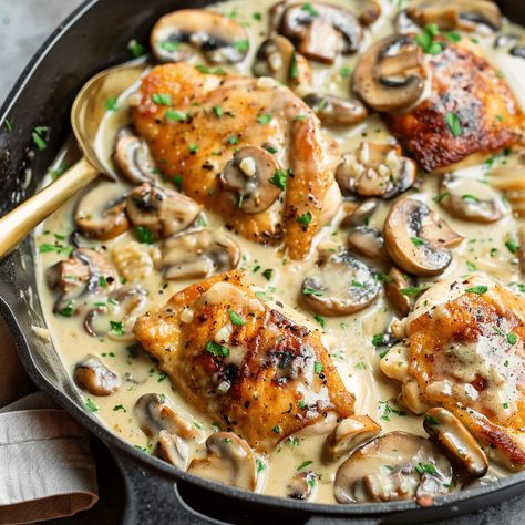 Creamy mushroom garlic chicken thighs, perfectly seasoned and cooked to perfection, a delightful meal in just 30 minutes! Chicken Thigh Mushroom Sauce, Creamy Mushroom Chicken Thighs, Garlic Roasted Chicken Thighs With Parmesan Gravy, Chicken Thigh Fall Recipe, Boneless Skinless Chicken Thigh Recipes Mushrooms, Easy Healthy Comfort Food Dinners, Garlic Mushroom Chicken, Chicken Thigh Mushroom Recipes, Chicken Thigh Mushroom