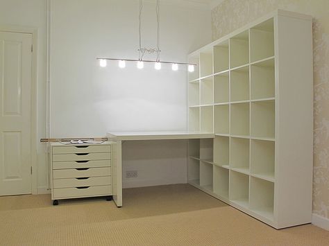 oh, what a sewing room this would make.                                                                                                                                                                                 More Ikea Expedit, Sewing Spaces, Ikea Shelves, Dream Craft Room, Craft Room Design, Nutrition Plan, Decor Ikea, White Desk, Sewing Room Organization