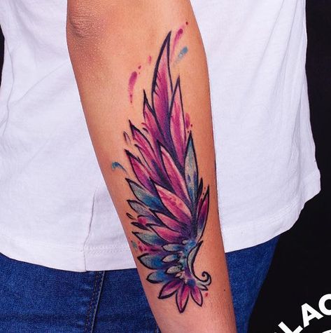 Colour Tattoo For Man, Angel Wing Wrist Tattoo For Women, Watercolor Wings Tattoo, Wing Tattoo For Women, Color Wings Tattoo, Color Angel Tattoo, Eagle Wings Tattoo For Women, Wings Memorial Tattoo, Angel Wings Tattoo Forearm Women