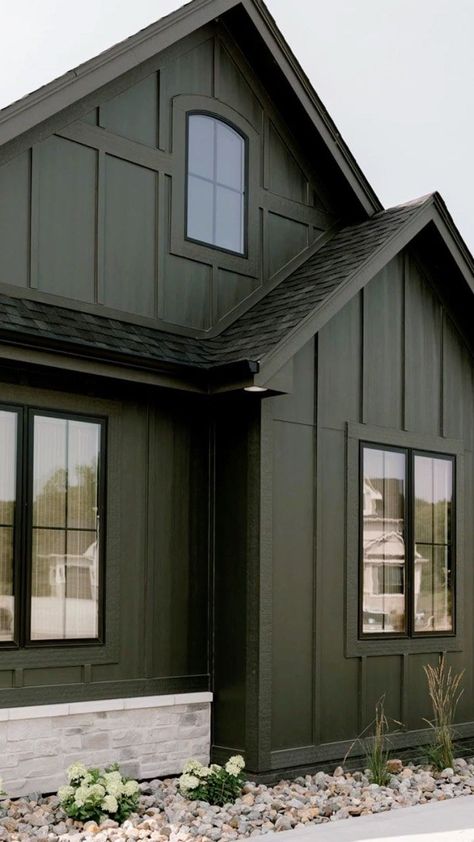 Dark Exterior House Color Pallet, Exterior House Colors Dark Green, Green Exterior With Black Trim, Dark Olive Green Exterior Paint, Dark Grey Green House Exterior, Dark Green Metal Siding, Dark Green Cabin Exterior, Green House Green Trim, Dark Olive Green House Exterior