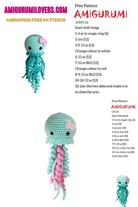 Crochet Jellyfish Free Pattern, Octopus Crochet Pattern, Crocheted Jellyfish, Crochet Lovey, Crochet Octopus, Crochet Turtle, Pola Amigurumi, Crochet Design Pattern, Crochet Keychain