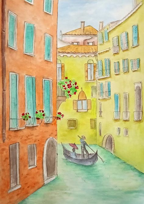 European City Drawing, Italian Drawings Easy, Italy Drawing Sketch, Color Painting Ideas, Italian Drawings, Italy Drawing, Italy Sketches, Madhubani Paintings Peacock, Village Drawing