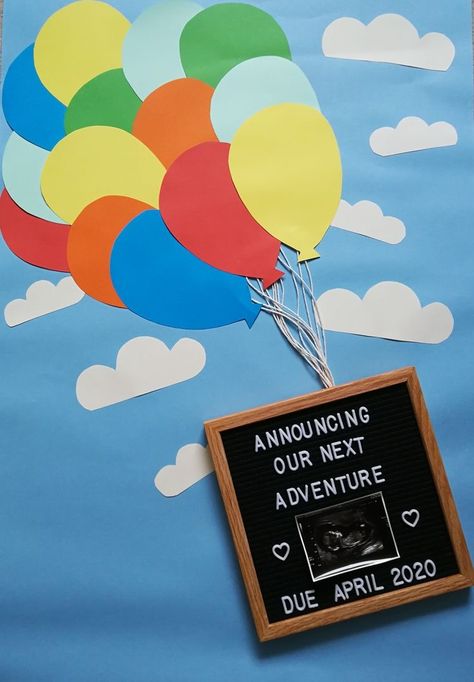 Disney Theme Gender Reveal, Baby Shower Up Theme, Up Theme Baby Shower Ideas, Up Themed Gender Reveal, Up Nursery Theme, Up Gender Reveal Theme, Nerdy Pregnancy Announcement, Up Baby Shower Theme, Up Baby Shower Theme Disney