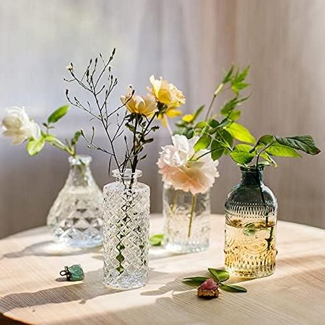 Amazon.com: WILDMOS Glass Bud Vase Set of 6, Small Flower Vases for Decorative, Gradient Glass and Embossed Style Mini Glass Bottles for Home Decor, Vintage Glass Bottles for Centerpiece 3.3"-5.2''H(Clear+Green) : Home #vintage #vase #decor #homedecorideas #homedecoration #vases #decoration Small Flower Vases, Dark Gradient, Vintage Glass Candle Holders, Small Vases, Small Glass Vases, Small Glass Bottles, Mini Glass Bottles, Glass Flower Vases, Decoration Vintage