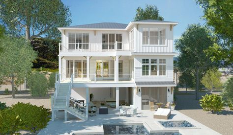 3121 Sq. Ft. - Haddies Hideaway- All Suites Primary Upstairs – Intertwine House Plans 5 Bedroom Coastal House Plans, Beach House House Plans, Under Beach House Ideas, Coastal Home Floor Plans, House On Stilts Plans, Reverse Living House Plans, Raised Beach House Plans, Narrow Beach House Plans, Narrow Beach House