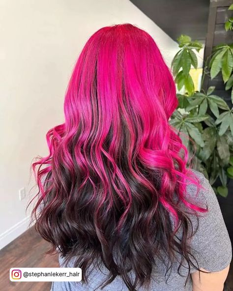 Trendy Underneath Hair Colors for a Bold Update Pink Hair With Black Underneath, Pink On Top Black On Bottom Hair, Black And Hot Pink Hair, Pink Hair With Black, Pink Underneath Hair, Hair Dye Styles, Witchy Hair, Hair 2025, Underneath Hair Color Ideas