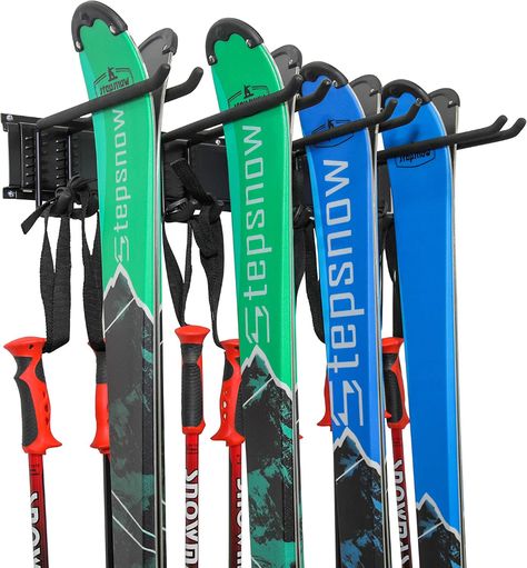 Amazon.com : Ski Wall Rack, Holds 4 Pairs of Skis & Skiing Poles or Snowboard, for Home and Garage Storage, Wall Mounted, Heavy Duty, Adjustable Rubber-Coated Hooks : Sports & Outdoors Snowboard Wall Rack, Snowboard Racks, Ski Rack, Board Rack, Ski Storage, Kids Skis, Ski Equipment, Storage Wall, Ski Gear