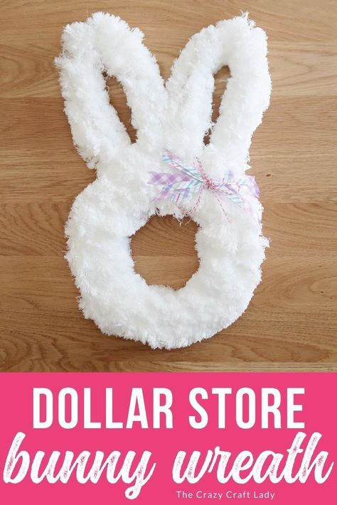 This fuzzy and chic bunny wreath is not only cute but also made from one primary supply - fuzzy mop covers! Bunny Wreath Diy Dollar Stores, Easter Bunny Wreath Diy, Bunny Wreaths, Bunny Wreath Diy, Loopy Yarn, Crafts 2023, Rabbit Wreath, Easter 2024, Easter Wreath Diy