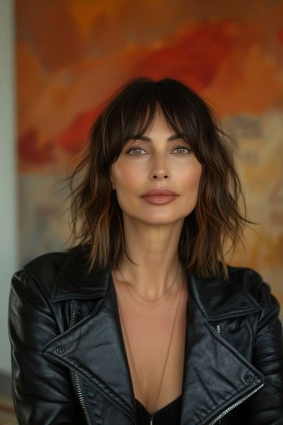 A layered bob with a wispy curtain fringe on an American woman in her 40s Bangs In Short Hair, Curtain Bangs In Short Hair, Curtain Bangs With Short Hair, Bangs With Short Hair, Bobbed Hairstyles With Fringe, Short Hair Fringe, Graduated Bob Haircuts, Short Hair Highlights, Layered Hair With Bangs